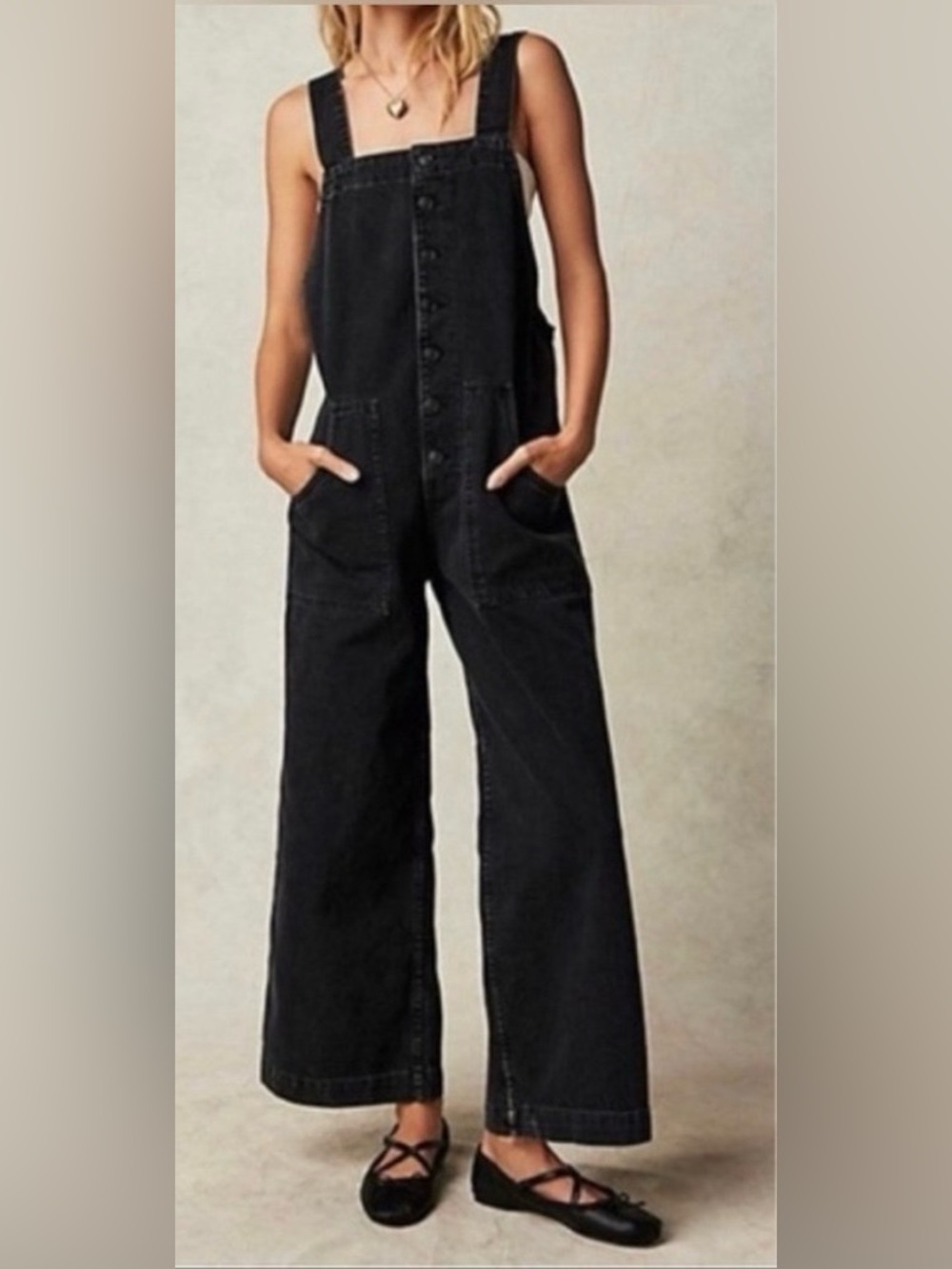 We The Free Fields of Flowers Wide Leg Overalls Medium Black Denim Cotton Boho